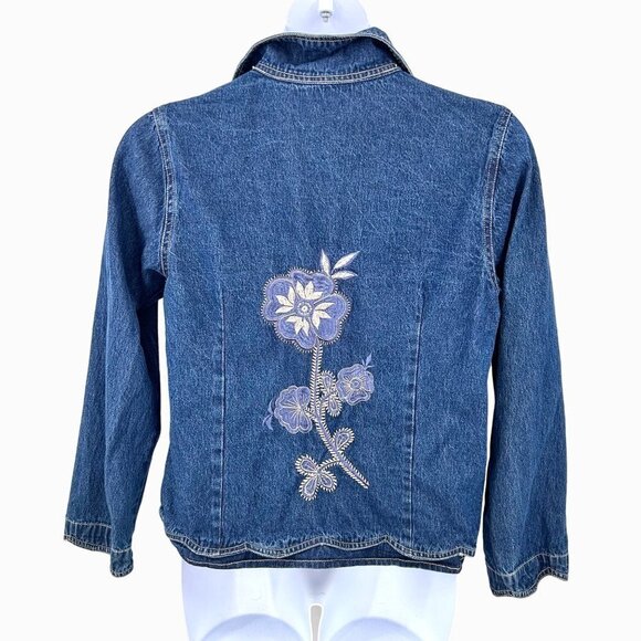 VTG KEREN HART SCALLOPED EDGE EMBROIDERED FLORAL BLUE DENIM JEAN JACKET - L - Picture 2 of 6